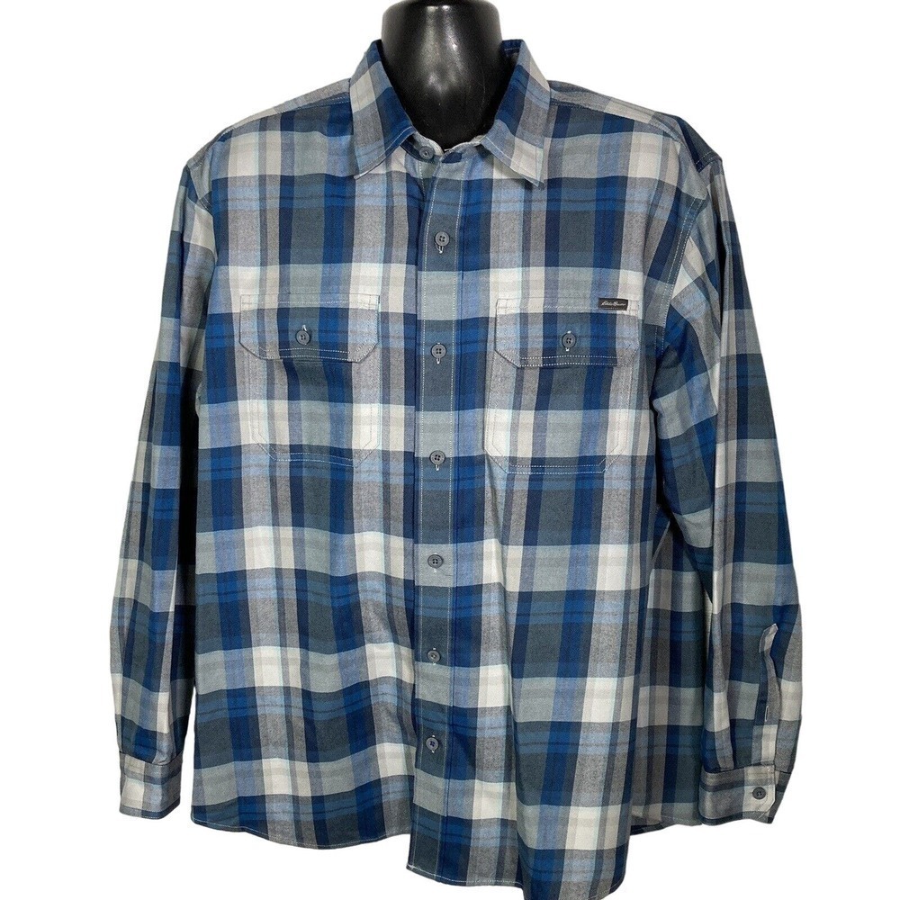 Eddie Bauer Blue Plaid Button Shirt Men’s XL Chest Pockets Outdoor Hiking